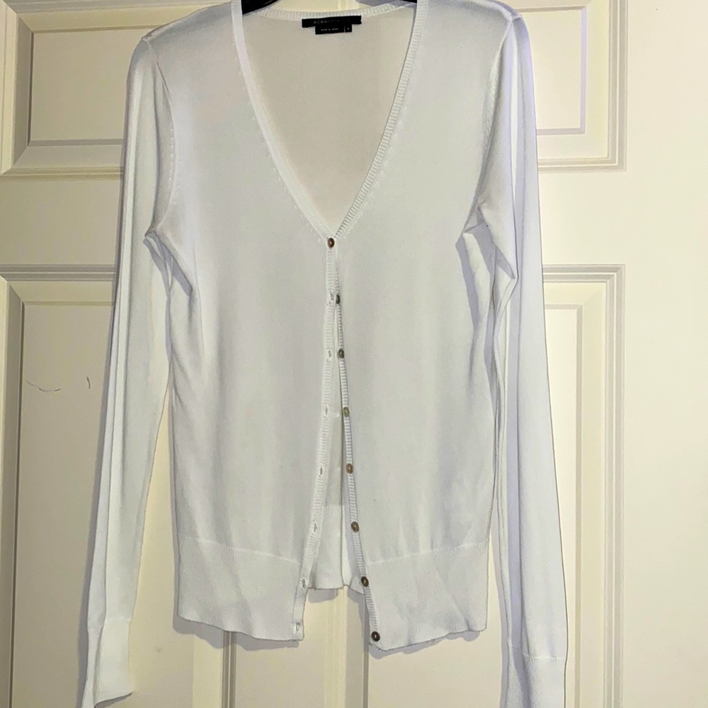 BCBG Max Azria rayon button up sweater/cardigan with shell looking buttons